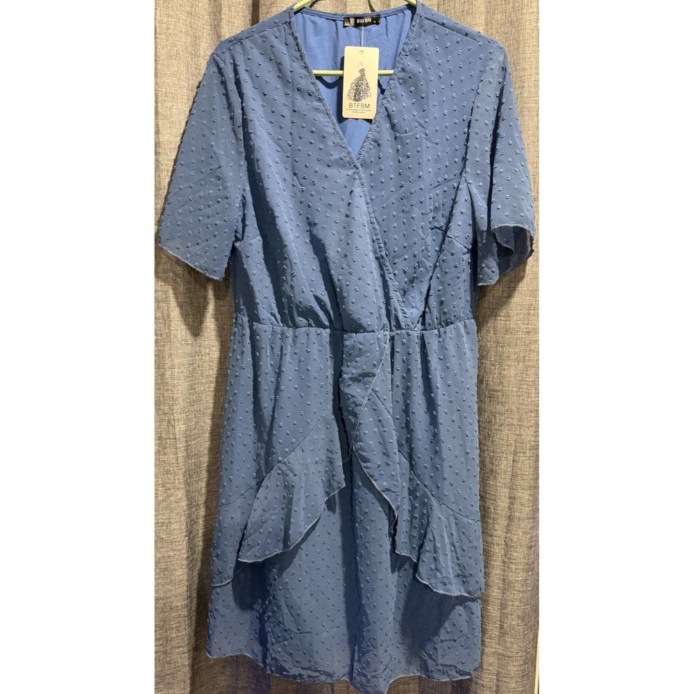 BTFBM Blue Ruffle V-Neck Short Sleeve Knee Length A-Line Womans Dress Size L NWT